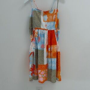 Patchwork Seashell Sundress in Orange, Blue & Olive